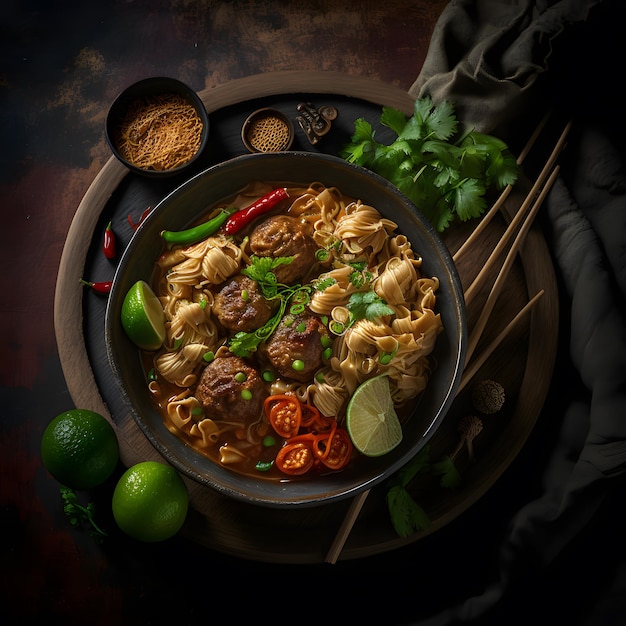 foto thailändisches essen, nudeln mit schweinefleisch, fleischbällchen und gemüse essen fotografie