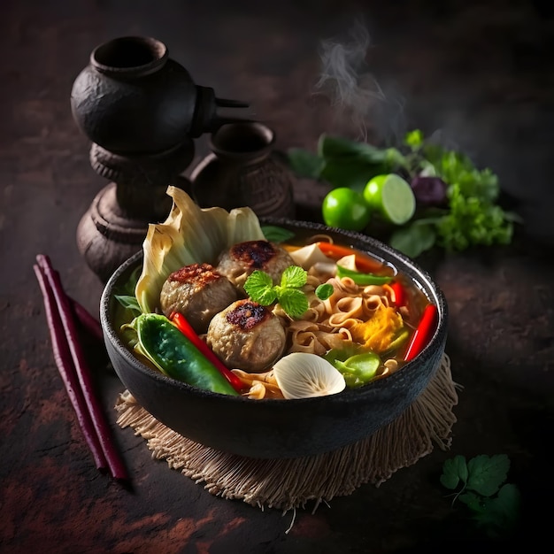 foto thailändisches essen, nudeln mit schweinefleisch, fleischbällchen und gemüse essen fotografie