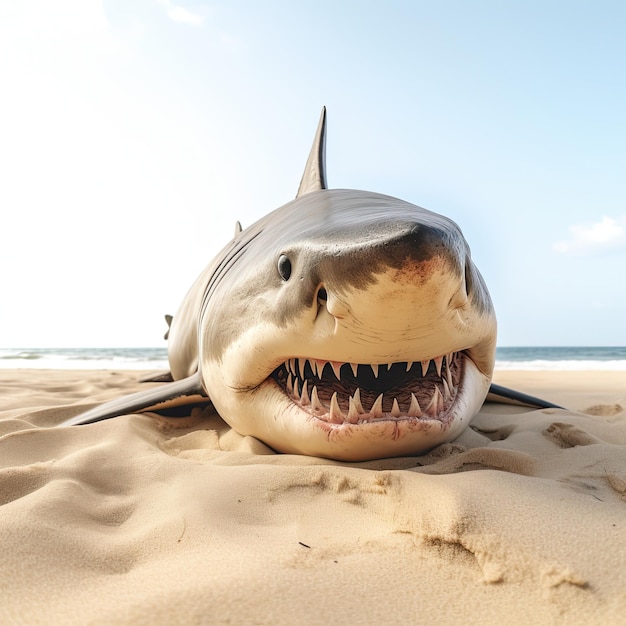 Una foto de un tiburón sentado en la playa, animal realista generada por inteligencia artificial.