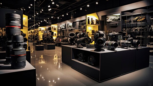 Una foto de una tienda de cámaras que muestra productos Nikon y Canon