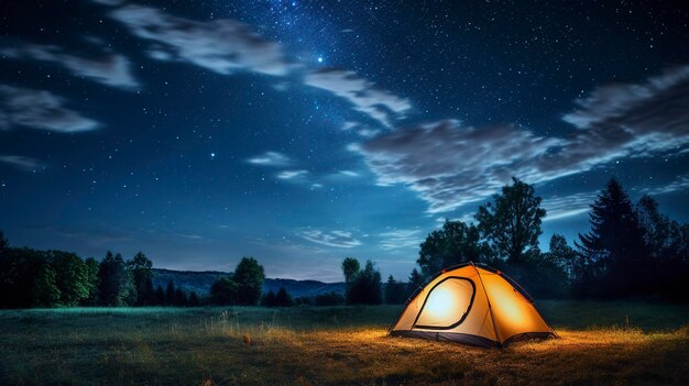 Una foto de una tienda de campamento y una fogata en un bosque