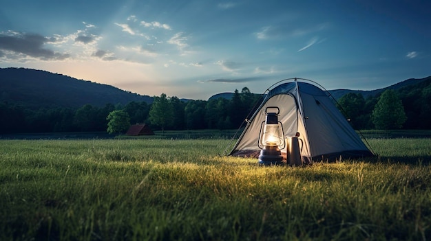 Una foto de una tienda de campamento y una linterna en un prado tranquilo