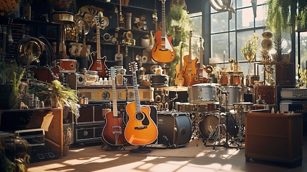 Una foto de una tienda de música con instrumentos musicales.