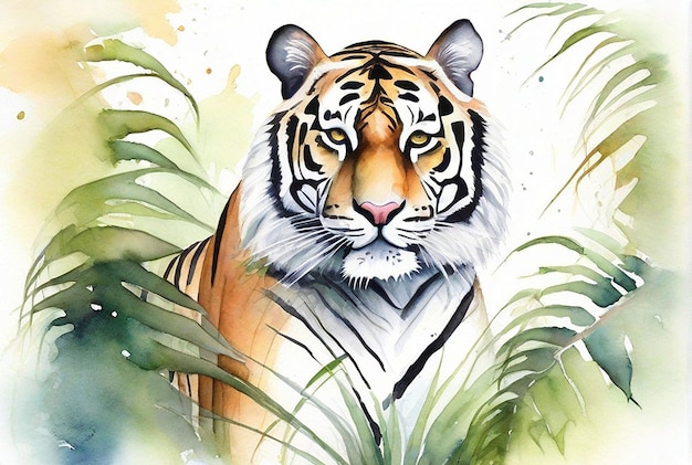 Foto tigre acuarela real con bosque de fondo