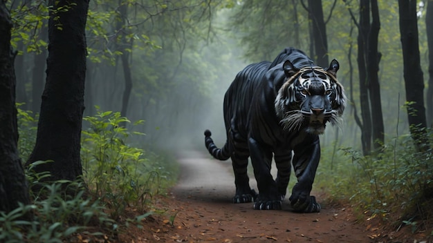 Foto de un tigre negro en la madera.