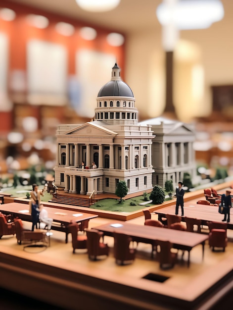 Foto tilt shift do tribunal da cidade e dos julgamentos da justiça sendo servidos em uma antiga ideia criativa medieval