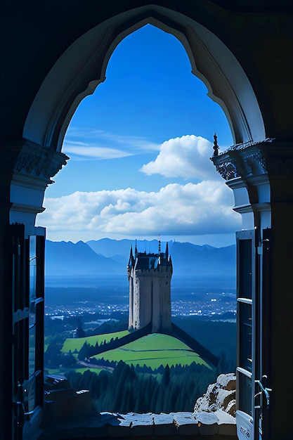 Foto tirada da janela do castelo com torre no céu