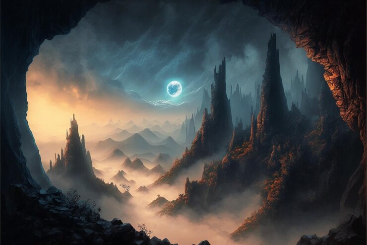 Foto foto tirada de um desmoronamento com vista para a lua generativa ai