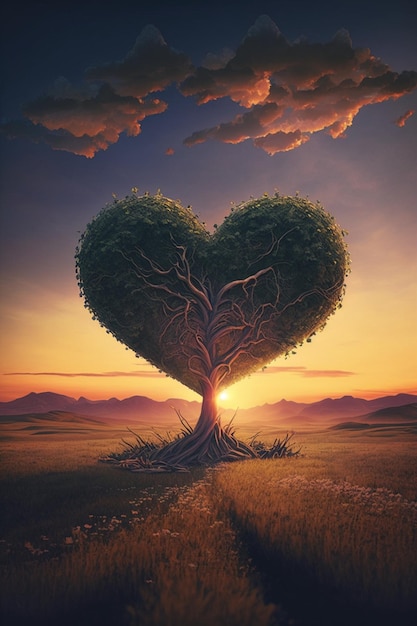 Foto tirada de uma árvore em forma de coração no meio da geração de campo ai
