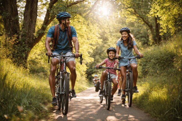 foto de tiro completo familia en bicicleta al aire libre