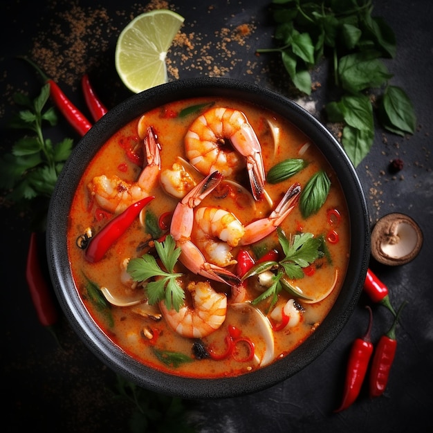 Foto tom yum sopa tailandesa picante sobre fondo gris