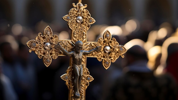 Una foto de una toma hiper detallada de una cruz procesional religiosa llevada en ceremonias