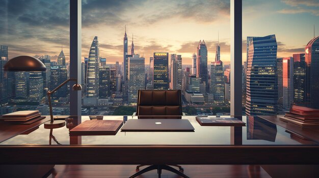 Una foto de una toma hiper detallada de un escritorio de la oficina de la esquina con una vista panorámica del horizonte de la ciudad