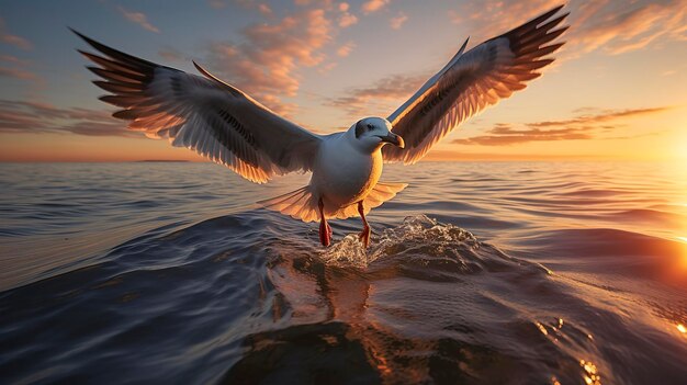 Una foto con una toma hiper detallada de una gaviota posada en un poste de madera desgastado al atardecer