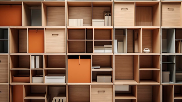 Una foto de una toma hiper detallada de un sistema de almacenamiento de oficina modular con compartimentos abiertos y cerrados