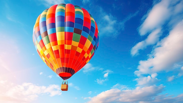 Una foto de una toma hiper detallada de un vibrante globo de aire caliente flotando contra un cielo azul claro