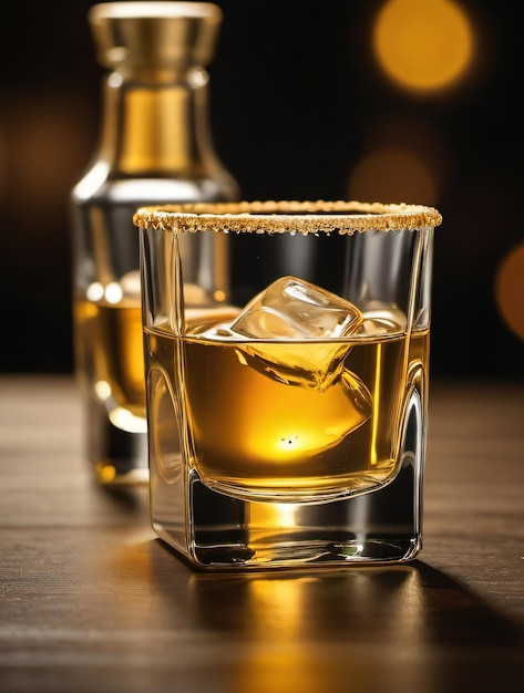 Foto de una toma de vidrio de tequila dorado en 3D con borde salado