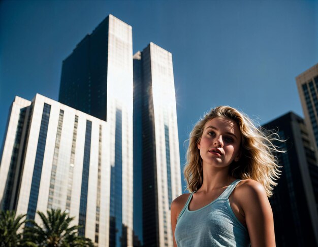 foto tomada desde abajo de una hermosa mujer adolescente de pie con un edificio alto en el fondo de la IA generativa