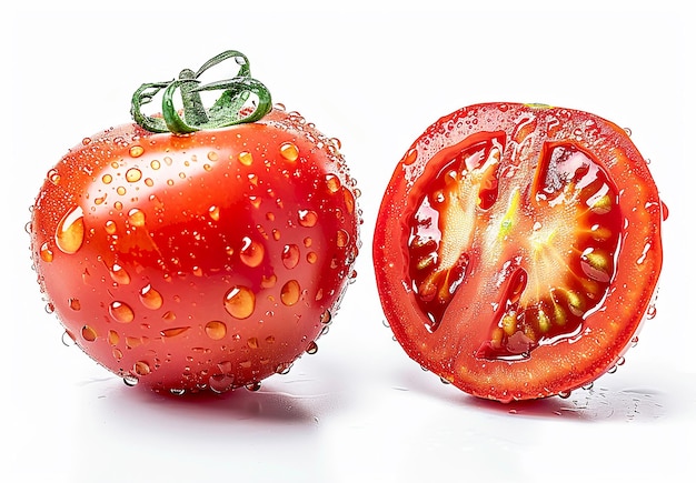 Foto de un tomate y medio con gotas de agua en fondo blanco