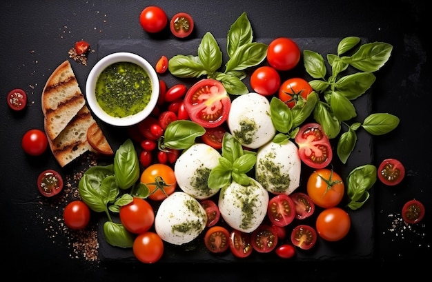 foto Tomates de queijo em um fundo preto