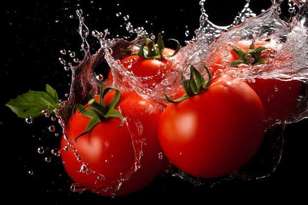 Foto tomates y salpicaduras de agua sobre fondo negro ai generativo