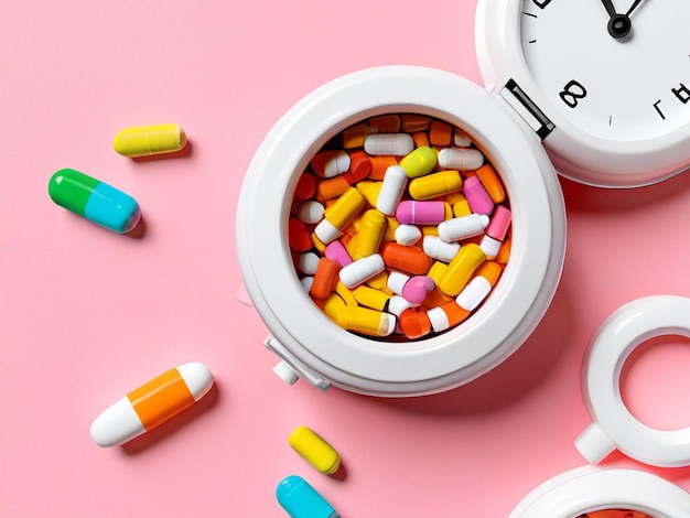 Foto top view farbenfrohe Pillen und weiße Uhr mit freiem Platz