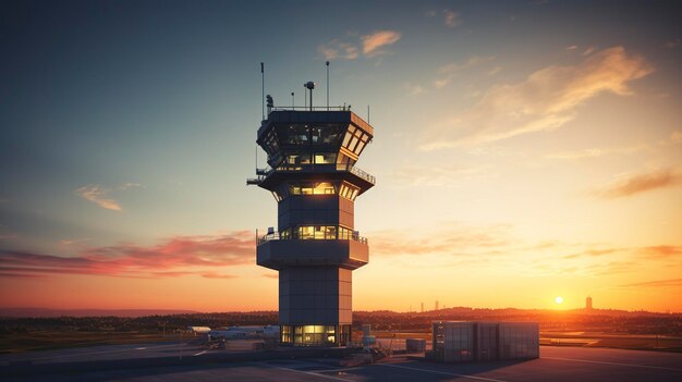 Una foto de una torre de control de tráfico aéreo en un aeropuerto