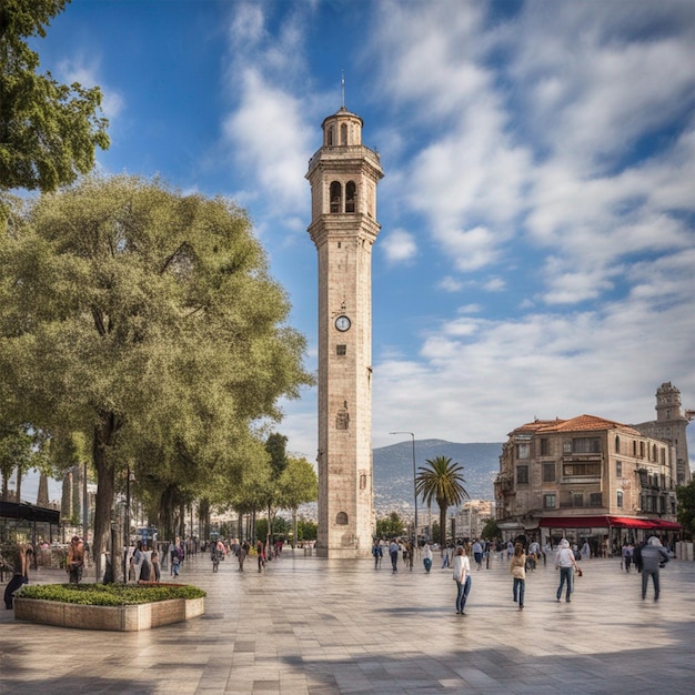 Foto torre del reloj de izmir en el fondo de la plaza Konak de Turquía