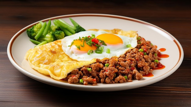 Foto de tortilla crujiente cubierta con carne de cerdo picada y arroz con verduras mixtas