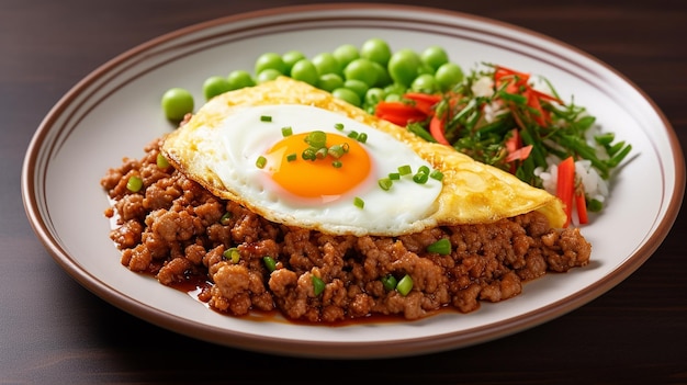 Foto de tortilla crujiente cubierta con carne de cerdo picada y arroz con verduras mixtas