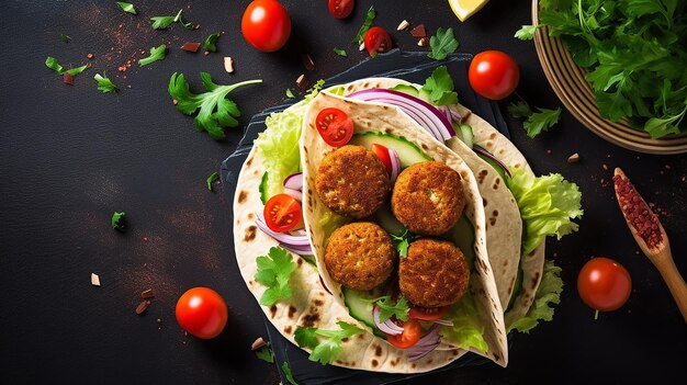 Foto foto de tortilla wrap con falafel y ensalada fresca para veganos amantes de la comida sana