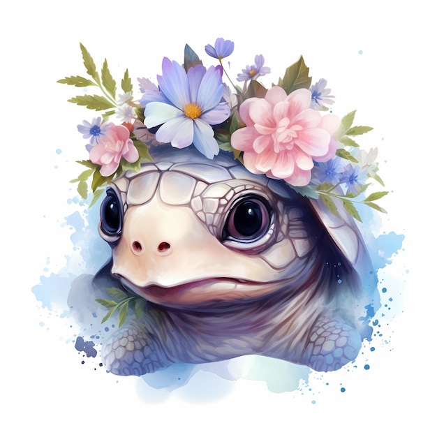 una foto de una tortuga con flores en ella