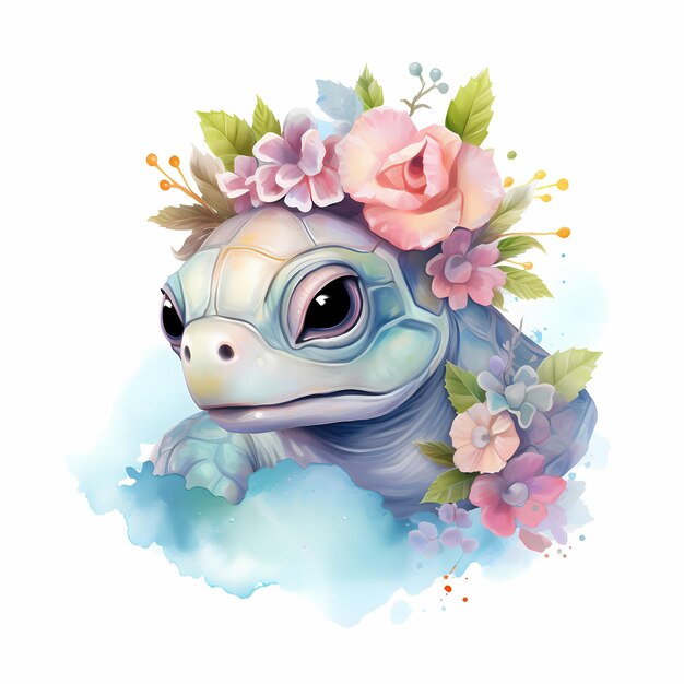 una foto de una tortuga con flores en ella