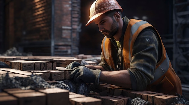 Una foto de un trabajador de la construcción colocando ladrillos