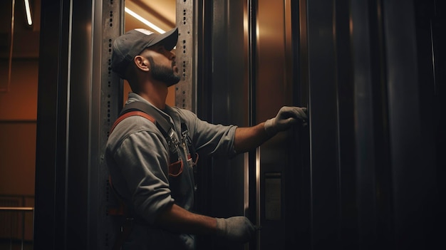 Una foto de un trabajador de mantenimiento inspeccionando un ascensor.