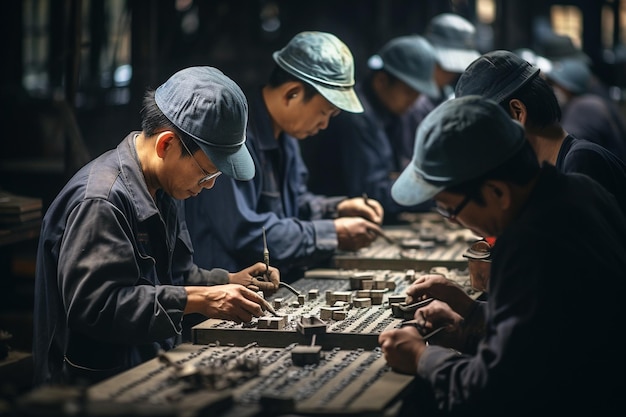 Foto de trabajadores asiáticos en una fábrica de joyería