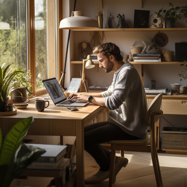 foto trabajando desde casa en una estación de trabajo ergonómica