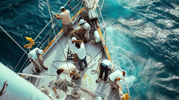 una foto del trabajo en equipo de una tripulación de yate reunida en la cubierta