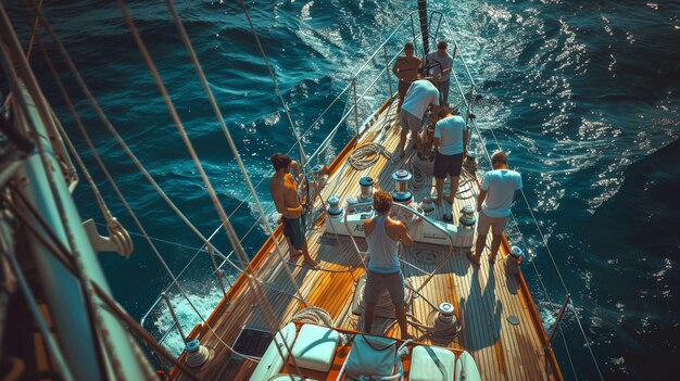 una foto del trabajo en equipo de una tripulación de yate reunida en la cubierta