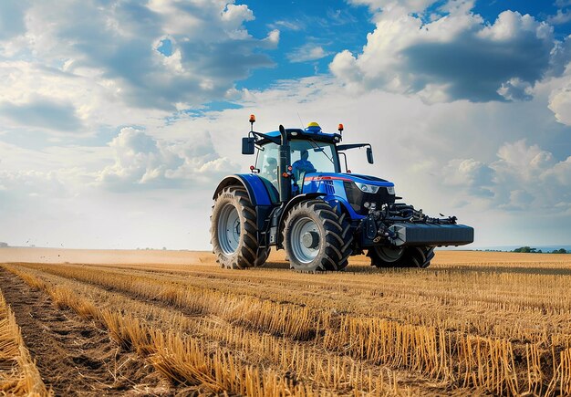 Foto foto de un tractor en un campo con la puesta de sol en el fondo de la agricultura y la agricultura