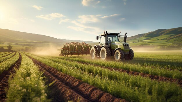 Una foto de un tractor cultivando un campo de cultivos jóvenes