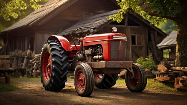 Una foto de un tractor rojo tradicional en un patio de la granja