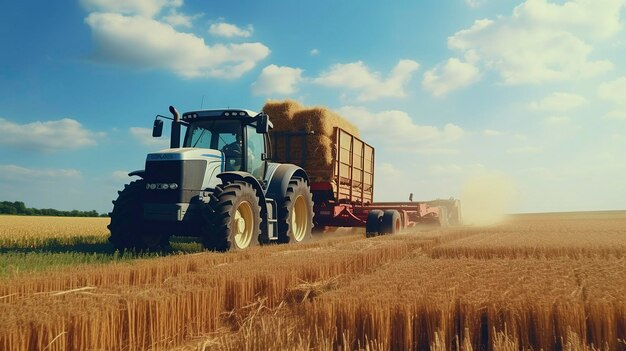 Una foto de un tractor tirando de un remolque lleno de cosechas cosechadas