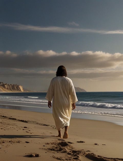 Foto foto de una tradicional serenidad divina jesús caminando a lo largo de la playa bañado en la luz del sol