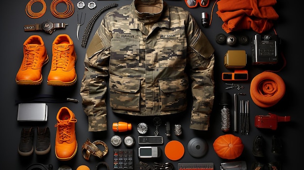 una foto del traje y las armas del ejército