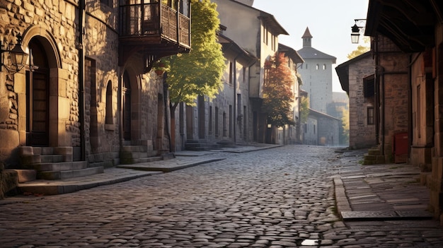 Una foto de una tranquila calle de adoquines de arquitectura histórica en el fondo