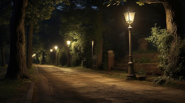 Una foto de una tranquila calle de campo alineada con moda antigua