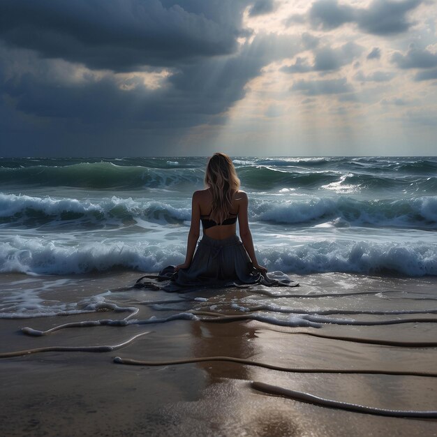 Foto foto de la tranquila puesta de sol en la playa océano a orillas del mar con nubes de arena dramática en la orilla