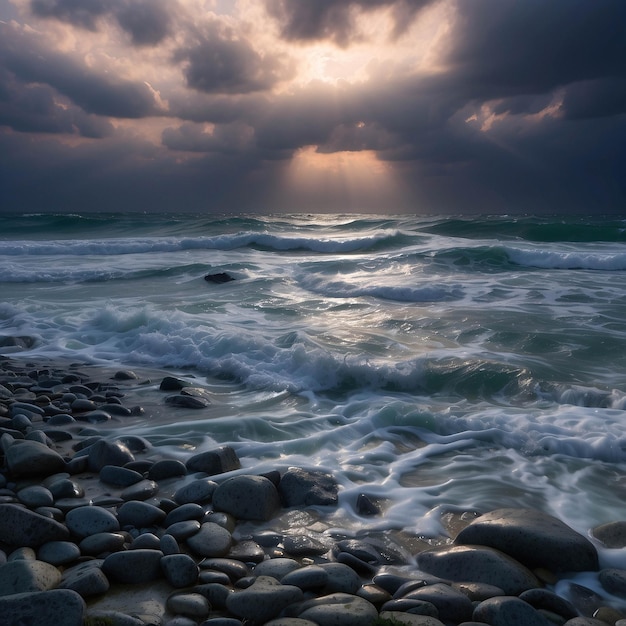 Foto de la tranquila puesta de sol en la playa Océano a orillas del mar con nubes de arena dramática en la orilla