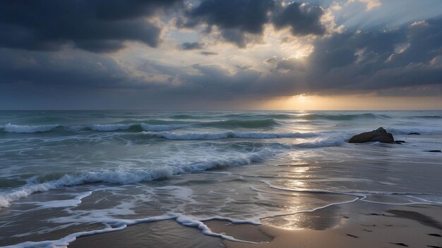 Foto de la tranquila puesta de sol en la playa Océano a orillas del mar con nubes de arena dramática en la orilla